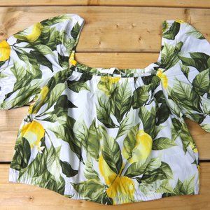 M 100% Cotton Puff-Sleeve Lemon Print Crop Top H&M